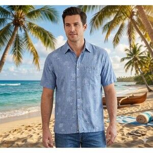 Campia Mens M Blue Hawaiian Palm Tree Button Front Shirt Island Casual Beach